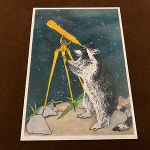 Raccoon and Telescope postcard